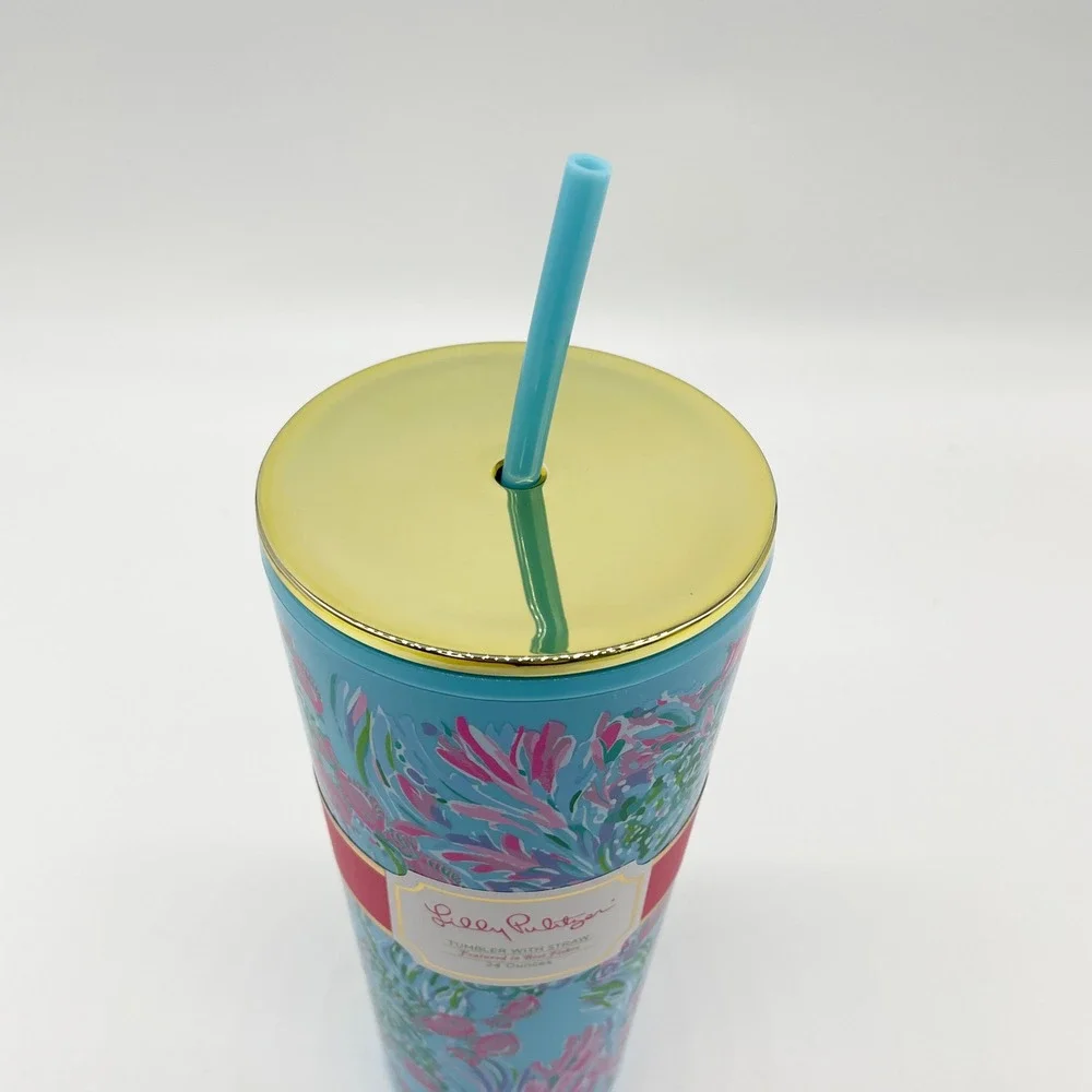 Lilly Pulitzer Women Tumbler 24 Oz Floral Best Fishes Blue‎ Pink Summer Coastal